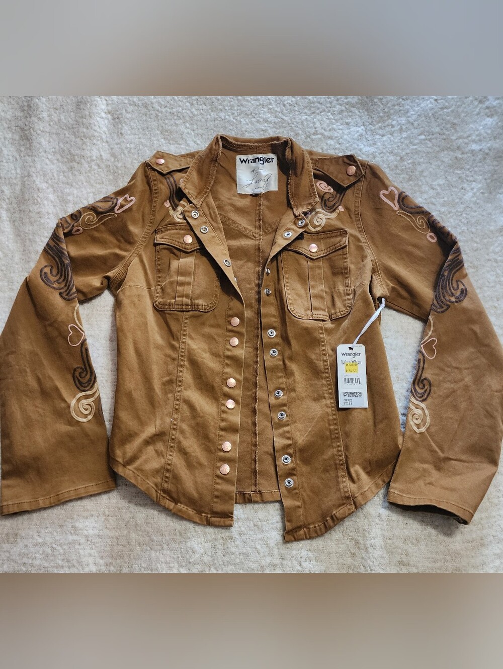 Wrangler With Love Lainy Women’s Brown Embroidered Snap Jacket Pockets Sz M NWT